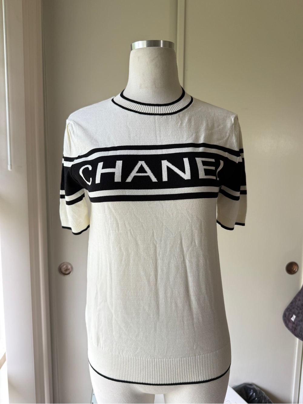 CHANEL Black & White Logo Stripe Knit Tee